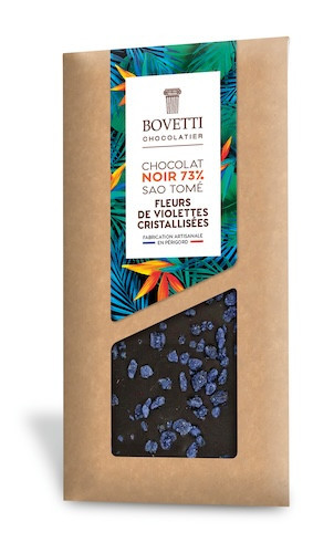 A 100 gram Bovetti dark chocolate bar with crystalized violets.