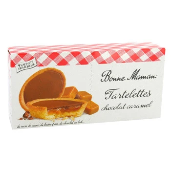 A box of Bonne Mamam chocolate and caramel tartlets.