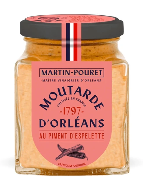 A 200 gram glass jar from Martin-Pouret containing Orléans mustard with Espelette pepper.