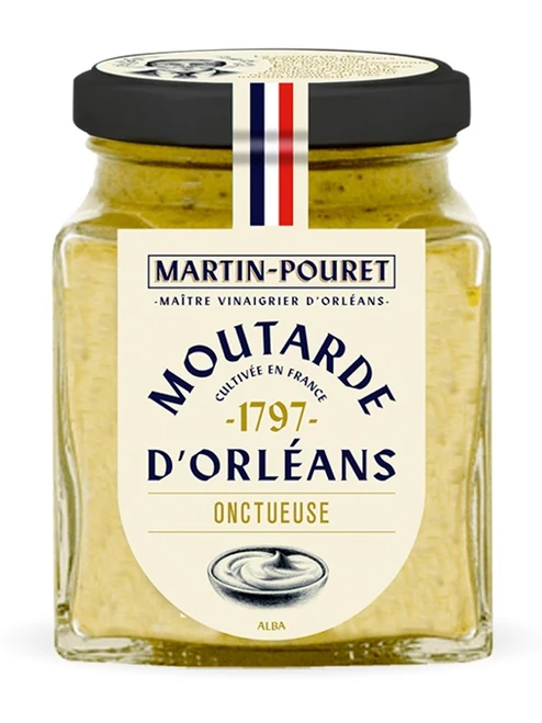 A 200 gram glass jar from Martin-Pouret containing Orléans whole grain mustard.