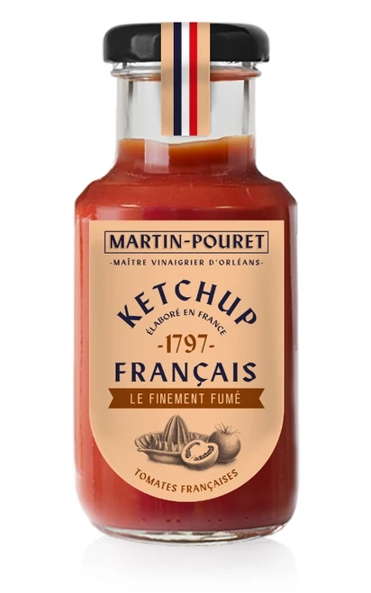 A 280 gram glass bottle from Martin-Pouret containing smoked French ketchup.