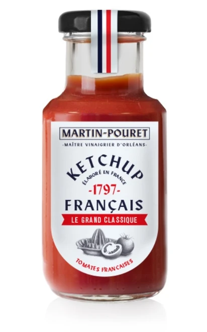 A 280 gram glass bottle from Martin-Pouret containing French ketchup.
