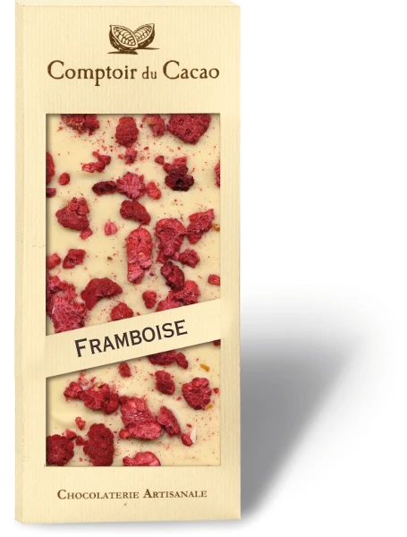 A 80 gram bar of white chocolate with dried raspberries from Comptoir du Cacao.