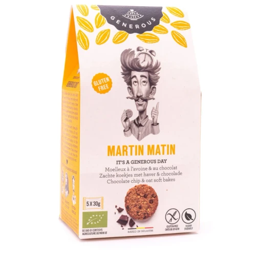 A 150 gram bag of Generous Martin Matin organic gluten-free soft oat bakes with chocolate chips.