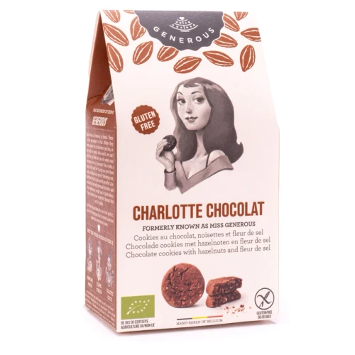 A 100 gram bag of Generous Charlotte Chocolate organic gluten-free chocolate cookies.