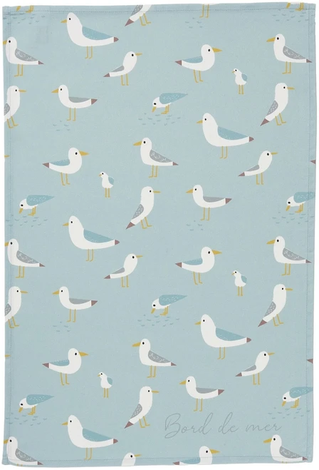 A sea green tea towel titled "Bord de Mer" from Coucke, featuring cartoon renditions of seagulls.
