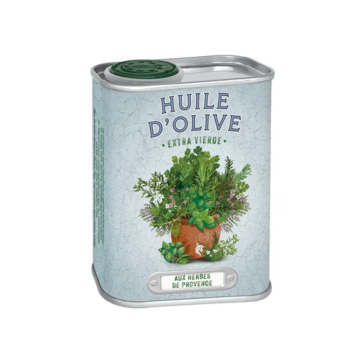 A canister of Esprit Provence extra virgin olive oil aromatized with Provence herbs. The canister features Provence herbs.