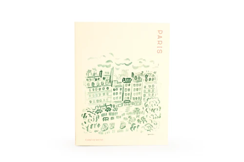 A retro looking travel notebook with a Paris cityscape illustration on the cover.