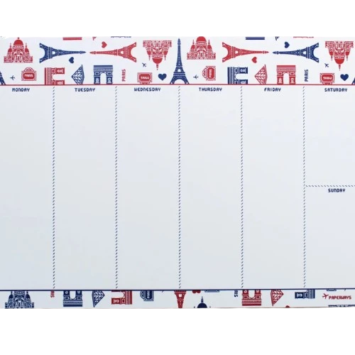 A paper weekly pad illustrated with red and blue drawings of Paris monuments.