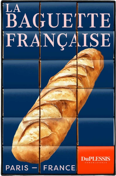 A 90 gram set of 18 individually wrapped dark chocolate squares illustrated with a French baguette. The top squares read "La Baguette Francaise."