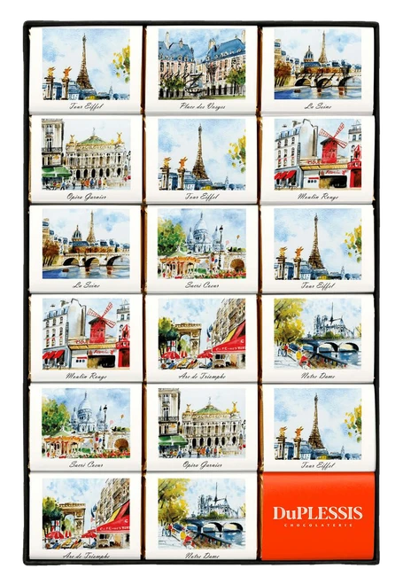 A 90 gram set of 18 individually wrapped dark chocolate squares each illustrated with watercolor showing a famous Paris monument or location.