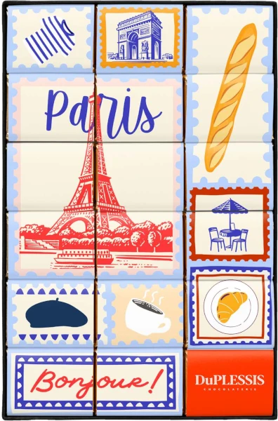 A 90 gram set of 18 individually wrapped milk chocolate squares illustrated with Paris icons, including the Eiffel Tower. The top square read "Paris."