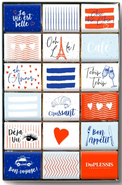 A 90 gram set of 18 individually wrapped milk chocolate squares illustrated with French words and phrases.