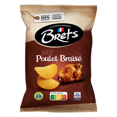 A 125 gram bag of roast chicken potato chips, made by Brets from Brittany. The bag has a photo of wavy potato chips next to a roast chicken.