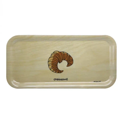 A light-colored rectangular wooden tray with a croissant illustration.