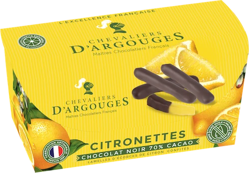 A 170 gram yellow box of Chevaliers d'Argouges's "citronettes," candied lemon peels coated in dark chocolate.