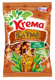 A 150 gram bag of individually wrapped "Batna" caramel and liquorice candies from Krema. The front of the bag has an illustration of a leopard stalking forward. Its spots match the spot pattern on the wrappers of the candies.