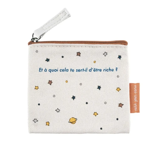 The back of the Little Prince pouch with a quotation from the book: "Et à quoi cela te sert-il d'être riche?" (And what good does it to you to be rich?).