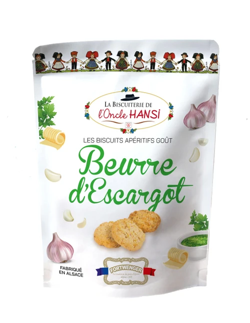 A 150 gram bag of snail butter flavored savory shortbread from Fortwenger.