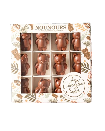A 190 gram box of Le Chocolatier Sablais marshmallow bears, dipped in milk and dark chocolate.