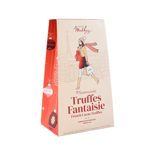 A tan and red box with an illustration of a chic lady in winter dress carrying gifts, containing 100 grams of cocoa-powdered truffles from Mathez.