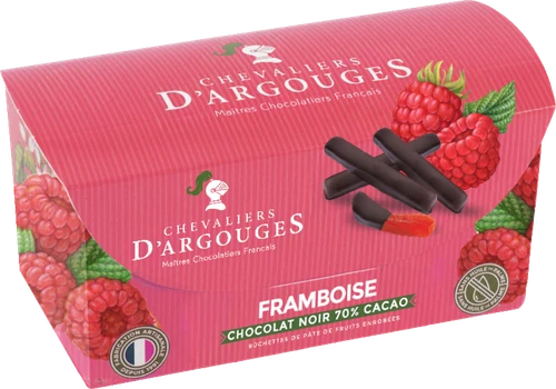 A 150 gram pink box of Chevaliers d'Argouges's raspberry fruit jellies coated in dark chocolate.