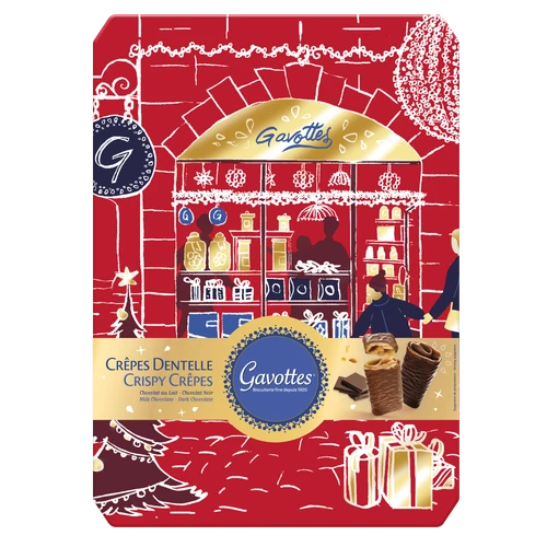 A 400 gram red Christmas tin of of crispy crêpes coated in dark and milk chocolate, from Gavottes.