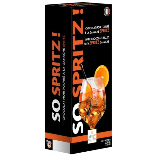 A box of 220 grams of Abtey dark chocolates with Spritz ganache. The box is sleek and black, with a photo of a glass of orange Spritz cocktail with a straw and orange slice.