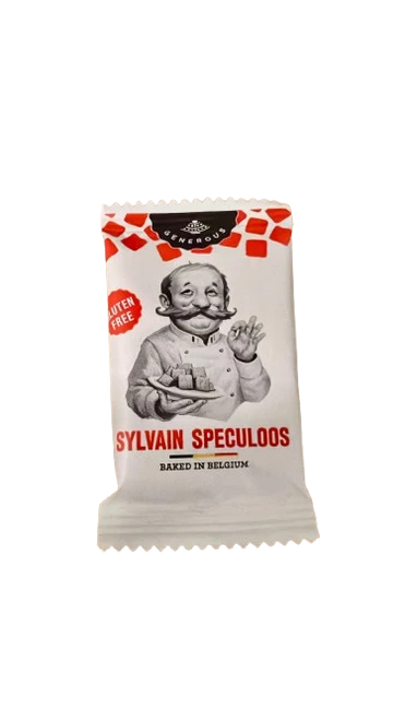 A 5 gram Generous Sylvain Speculoos organic gluten-free cookie in an individual wrap.