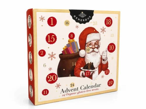 A 170 gram advent calendar with a Santa illustration containing 24 assorted Generous cookies.