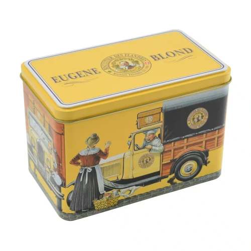 A 280 gram yellow vintage tin of Eugène Blond vanilla-filled wafers bearing little messages in French.