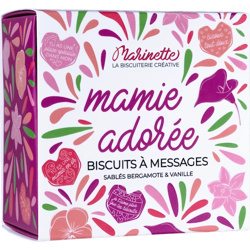 A 100g square box of Marinette heart-shaped shortbread cookies in pink and purple hues.