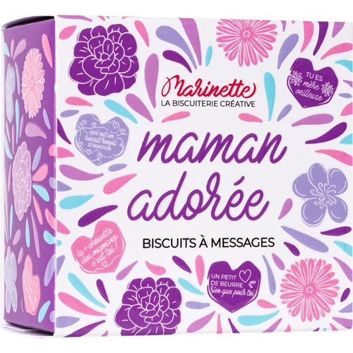 A 100g square box of Marinette heart-shaped shortbread cookies in purple and pink hues.