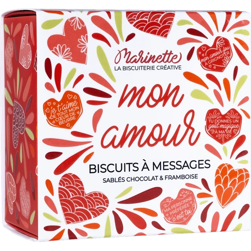 A 100g square box of Marinette heart-shaped shortbread cookies in red hues.