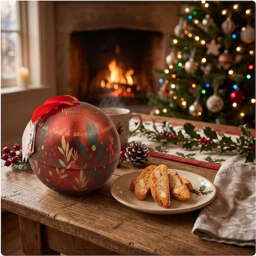 A red Christmas ball with string next to three Biscuiterie de Provence organic biscotti cookies with almonds on a small plate, with a Christmas tree in the background.