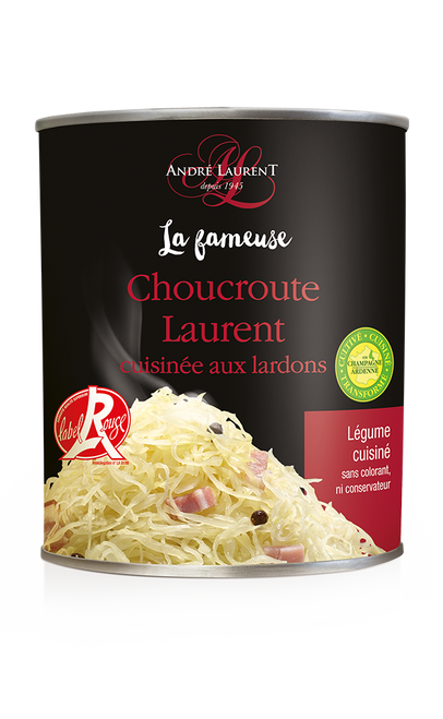 An 810 gram can of choucroute, or Alsatian sauerkraut, from André Laurent. On the front of the can is a photo of a steaming pile of sauerkraut seasoned with peppercorns and ham chunks.