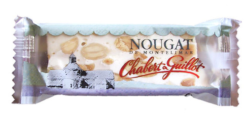 A 30 gram bar of Chabert & Guillot's soft nougat. The white nougat has visible nut chunks in it.