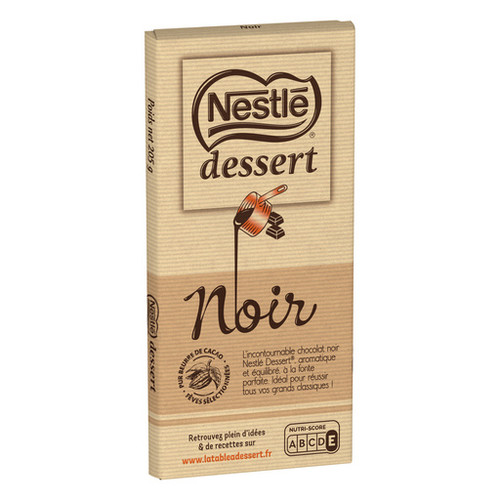 A 205 gram bar of Nestlé's dessert 53% dark baking chocolate. The bar is wrapped in paper.