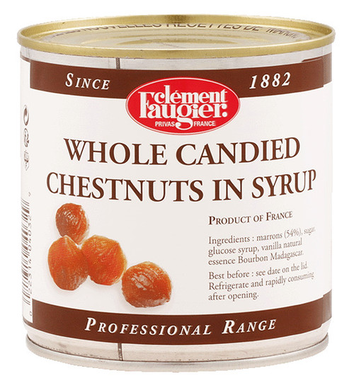 A 300 gram can of marrons glacés, or candied chestnuts, in syrup. Made by Clément Faugier.