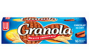 A 200 gram box of granola milk chocolate cookies from LU. The round cookies are dipped in chocolate.