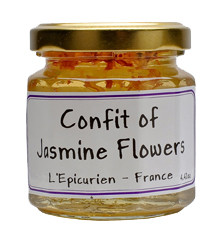 A glass jar containing 125 grams of jasmine confit from L'Épicurien.