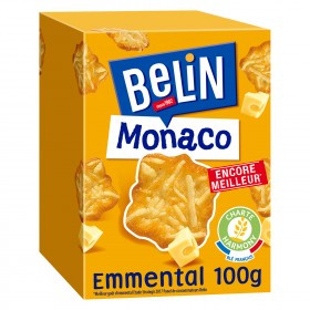A 100 gram box of Monaco crackers from Belin. The square crackers are topped with shredded and melted Emmental cheese.