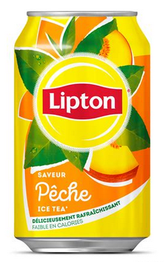 A 33 centiliter can of Lipton's peach iced tea.