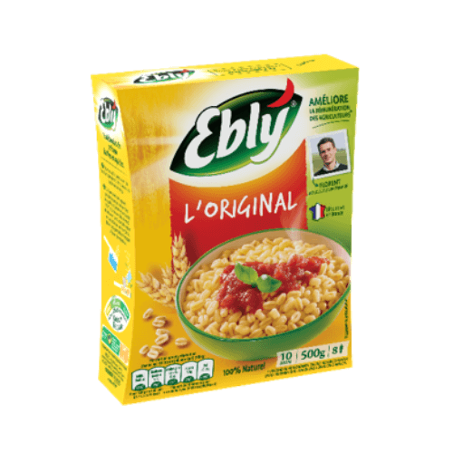 A 500 gram box of pre-cooked wheat from Ebly. The box has an image of the cooked wheat in a bowl, topped with a strawberry.