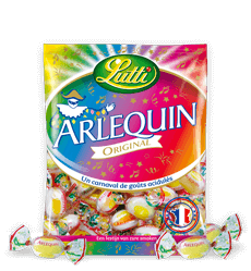 A 100 gram bag of Lutti Arlequin candy pieces, small hard white candy with green and yellow striping.
