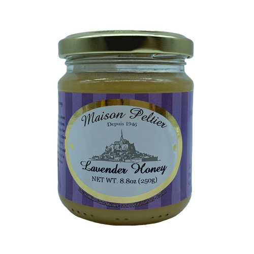 A 250 gram glass jar of lavender honey from Maison Peltier.