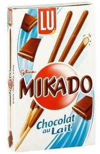 A 39 gram box of LU's milk chocolate Mikados, chocolate dipped sticks.