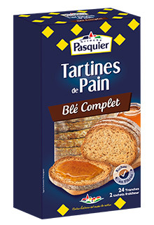 A 240 gram box of whole wheat toasted bread from Brioche Pasquier. The bread loaf is sliced into crispy pieces.