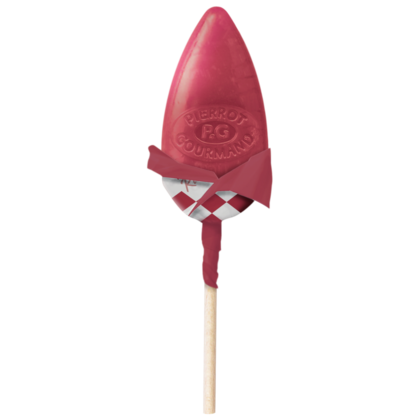 A single fruit lollipop from Peirrot Gourmand, sold as a 10 piece set of a mix of fruit flavors. The lollipop is tear drop shaped and the wrapper has been pulled back to allow you to see the pink color.