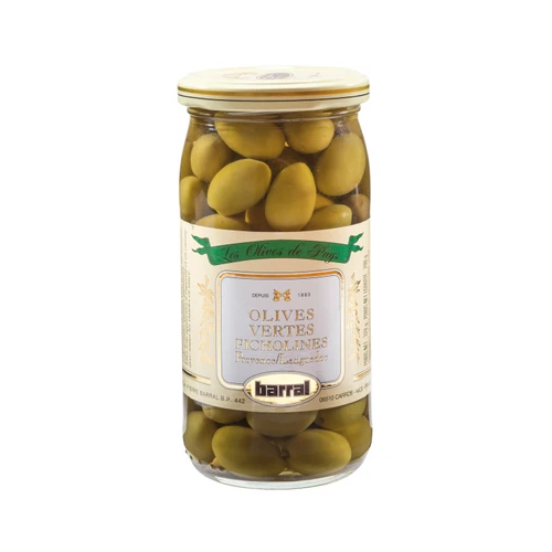 A 200 gram glass jar of Barral's Picholine olives.